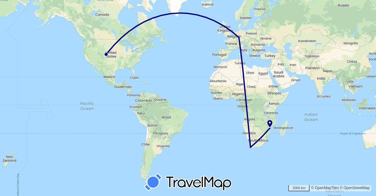TravelMap itinerary: driving in Germany, Mozambique, United States, South Africa (Africa, Europe, North America)